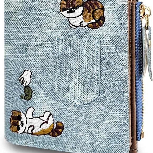 Womens Wallet, PU Leather Small Wallet Bi-fold Cute Wallet with Cat Embroidery, - Picture 1 of 6